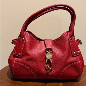Dooney & Bourke  satchel holiday red gold tone  front clasp closure  like new